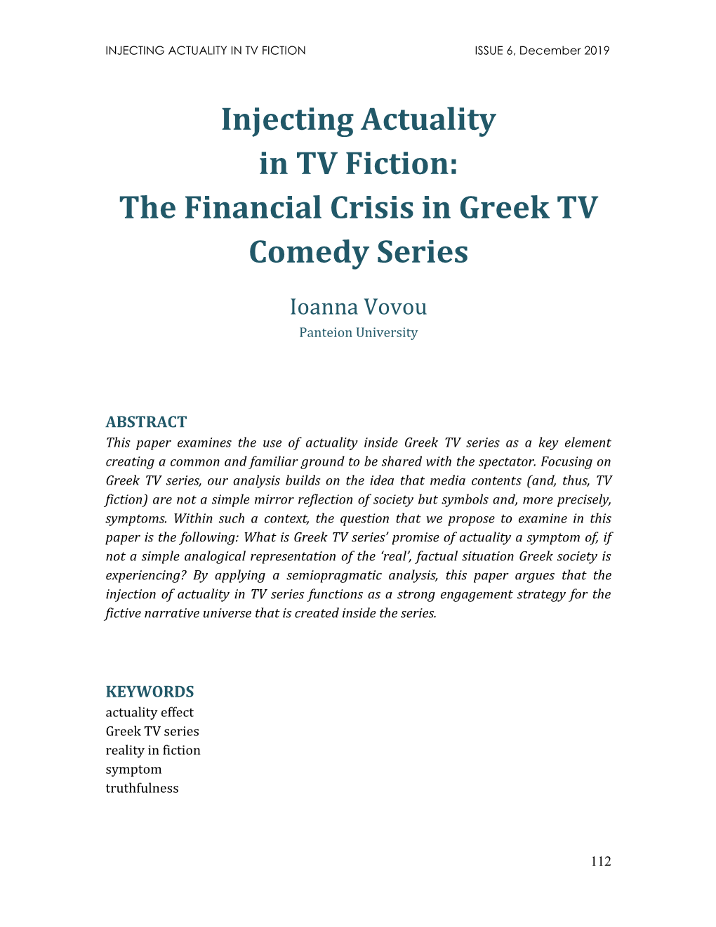 Injecting Actuality in TV Fiction: the Financial Crisis in Greek TV Comedy Series