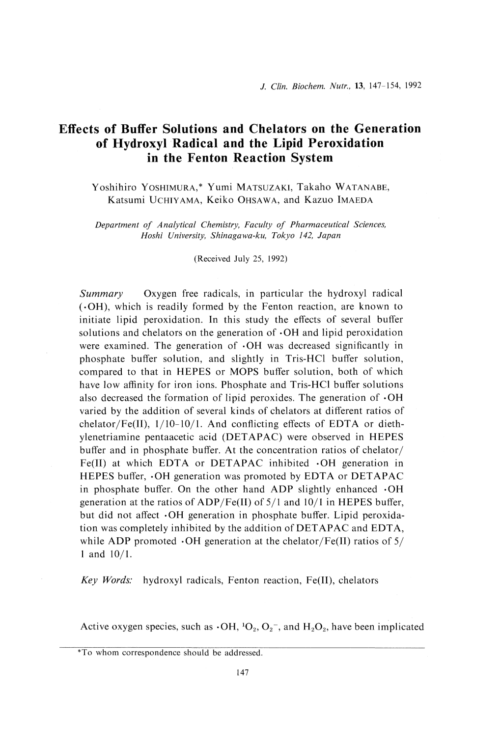 Effects of Buffer Solutions and Chelators on the Generation of Hydroxyl Radical and the Lipid Peroxidation in the Fenton Reaction System