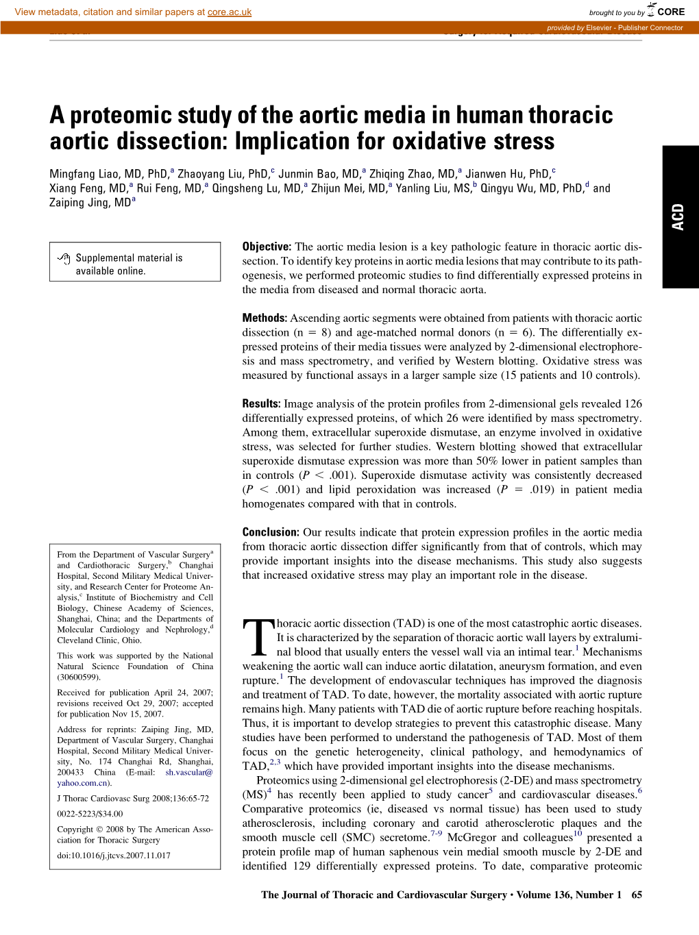 A Proteomic Study of the Aortic Media in Human Thoracic Aortic Dissection: Implication for Oxidative Stress