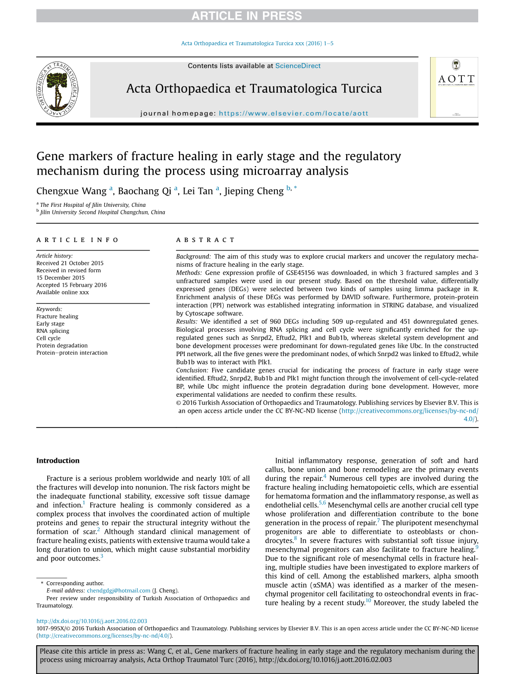 Gene Markers of Fracture Healing in Early Stage and the Regulatory Mechanism During the Process Using Microarray Analysis