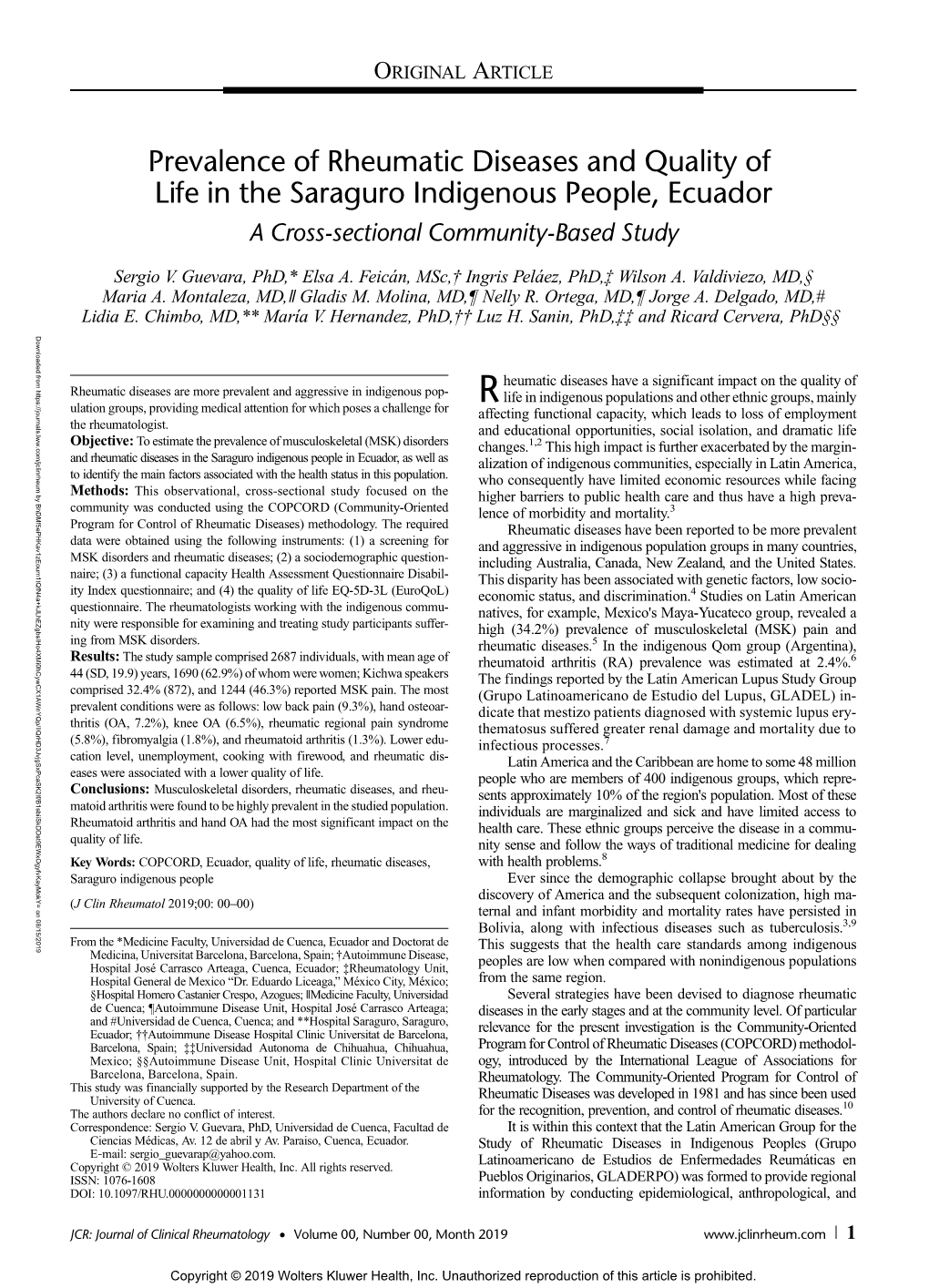Prevalence of Rheumatic Diseases and Quality of Life in the Saraguro