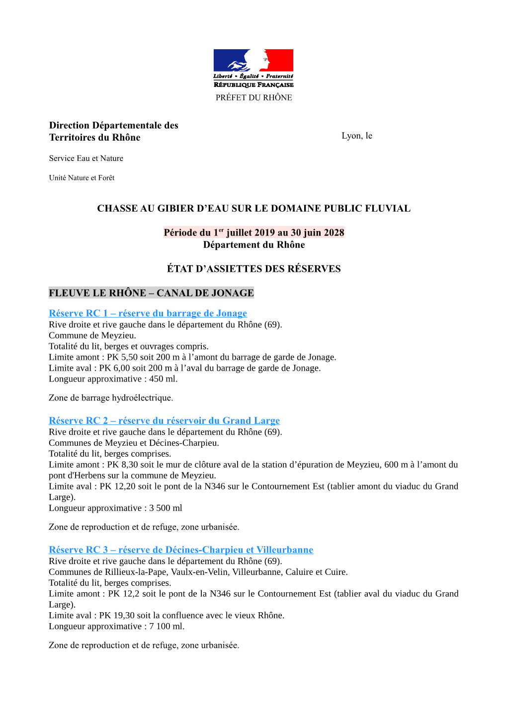 Direction Départementale Des Territoires Du Rhône CHASSE AU
