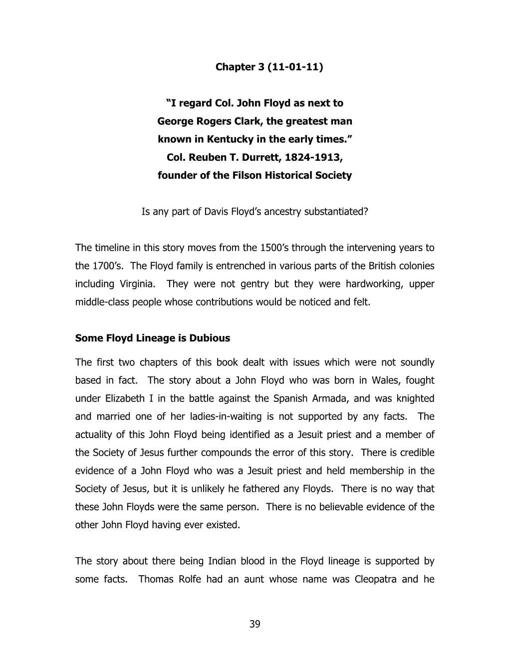 39 Chapter 3 (11-01-11) “I Regard Col. John Floyd As Next to George