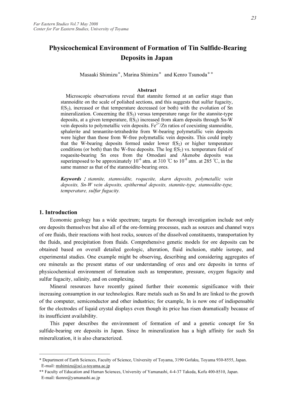 Physicochemical Environment of Formation of Tin Sulfide-Bearing Deposits in Japan