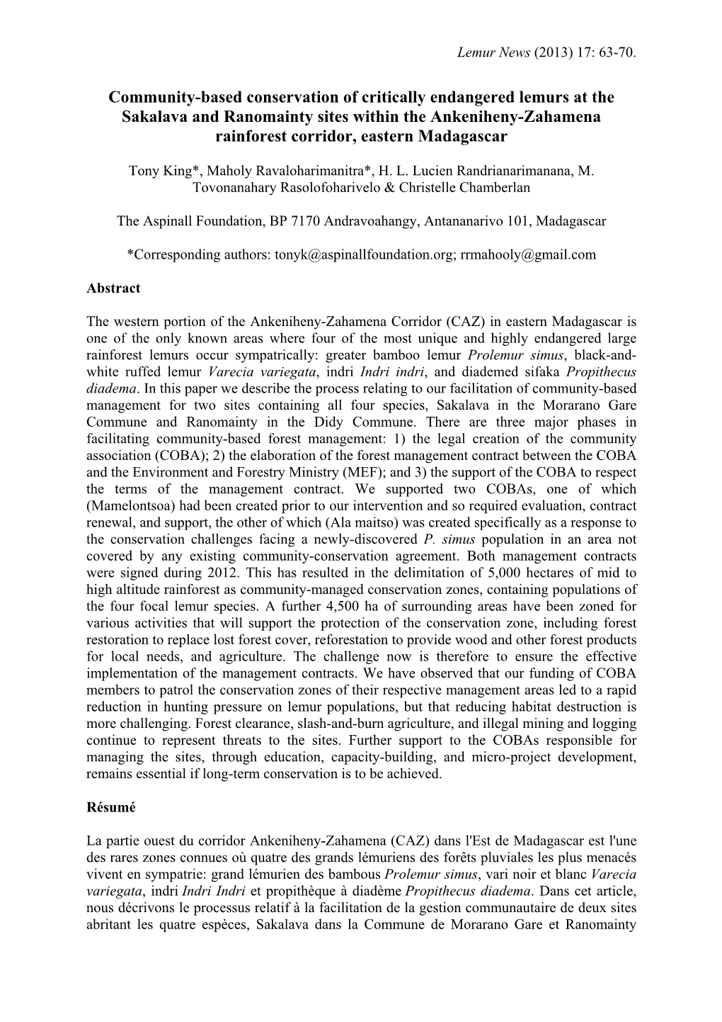 Community-Based Conservation of Critically Endangered Lemurs at the Sakalava and Ranomainty Sites Within the Ankeniheny-Zahamena