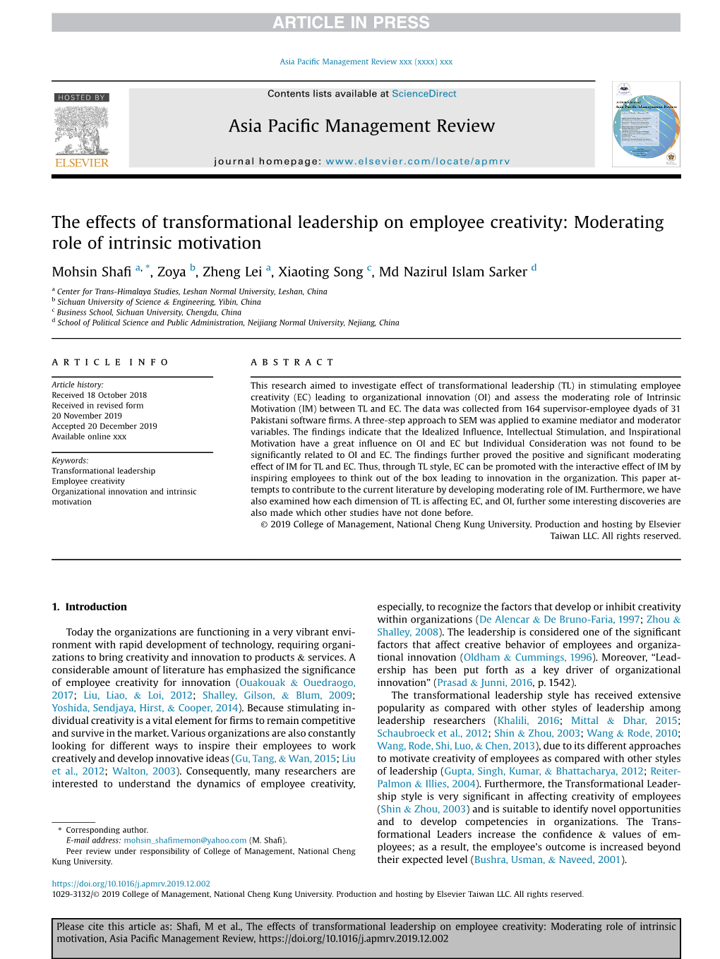 The Effects of Transformational Leadership on Employee Creativity: Moderating Role of Intrinsic Motivation