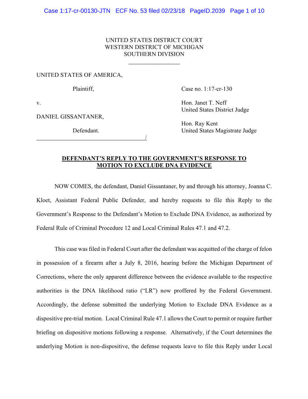 Case 1:17-Cr-00130-JTN ECF No. 53 Filed 02/23/18 Pageid.2039 Page 1 of 10