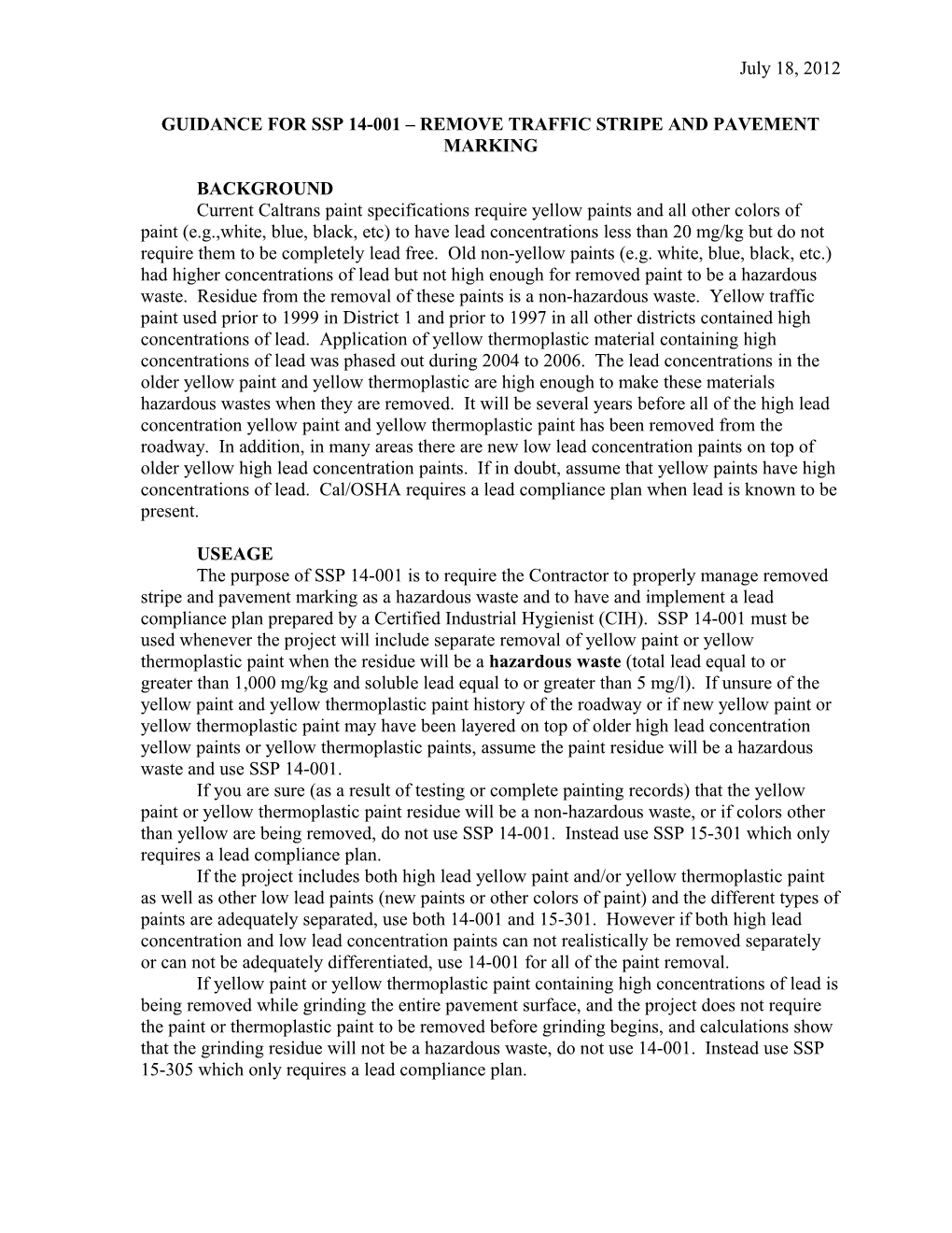 Guidance for Ssp 15-305 Grinding Residue Containing High Lead Concentration Paints