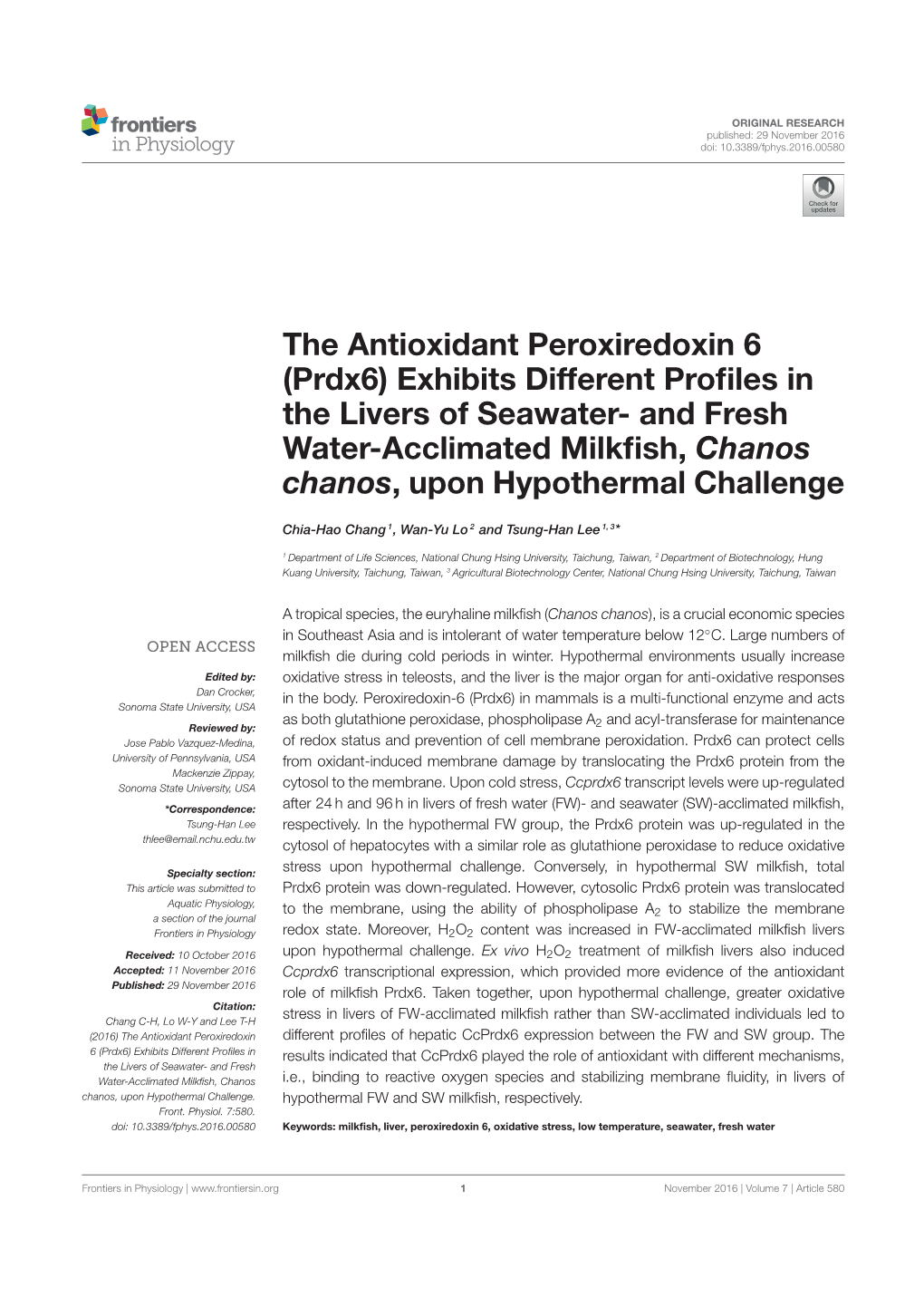 The Antioxidant Peroxiredoxin 6 (Prdx6) Exhibits Different Profiles in the Livers of Seawater- and Fresh Water-Acclimated Milkfi