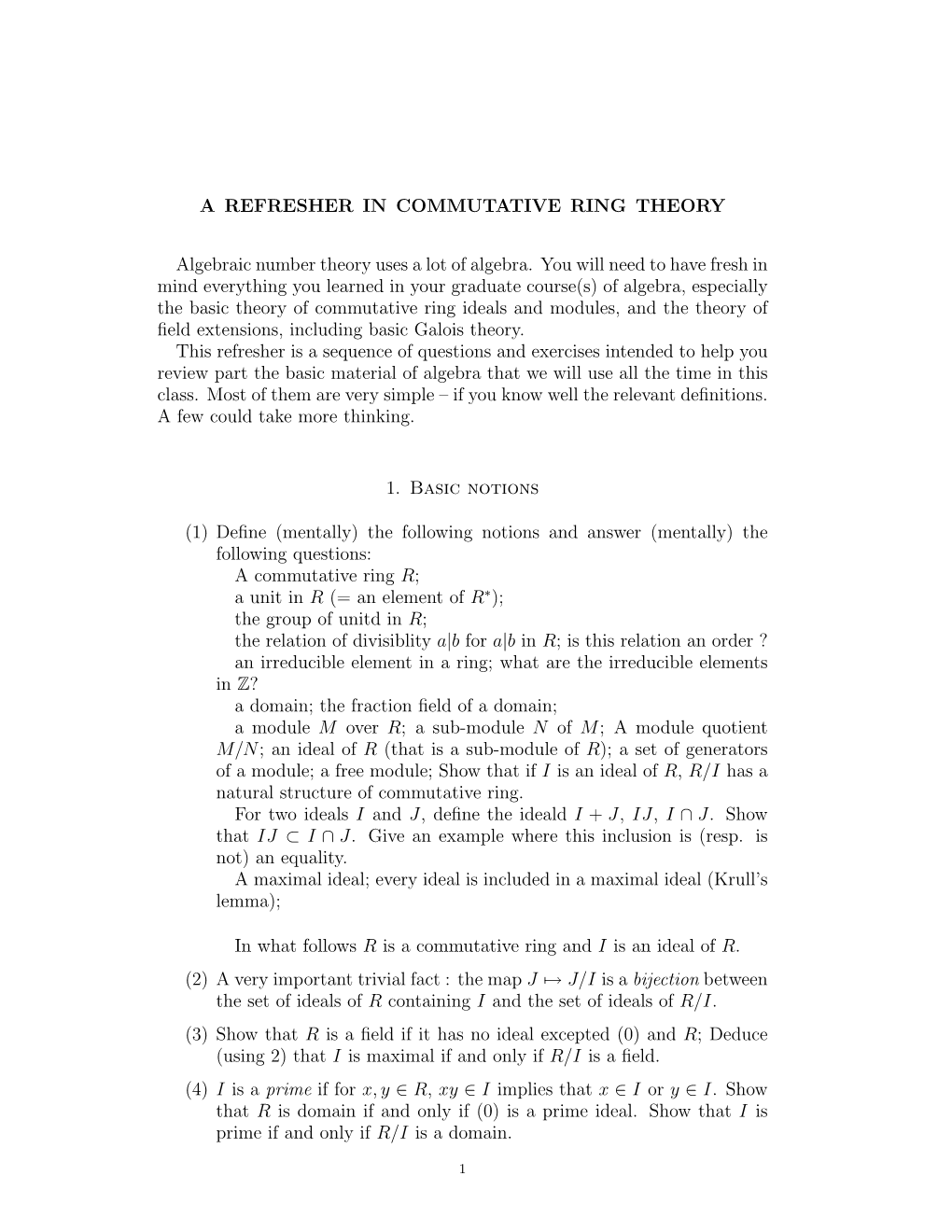 A Refresher in Commutative Ring Theory