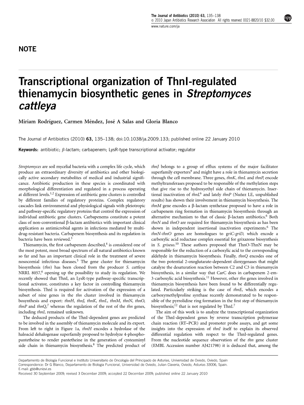 Transcriptional Organization of Thni-Regulated Thienamycin Biosynthetic Genes in Streptomyces Cattleya