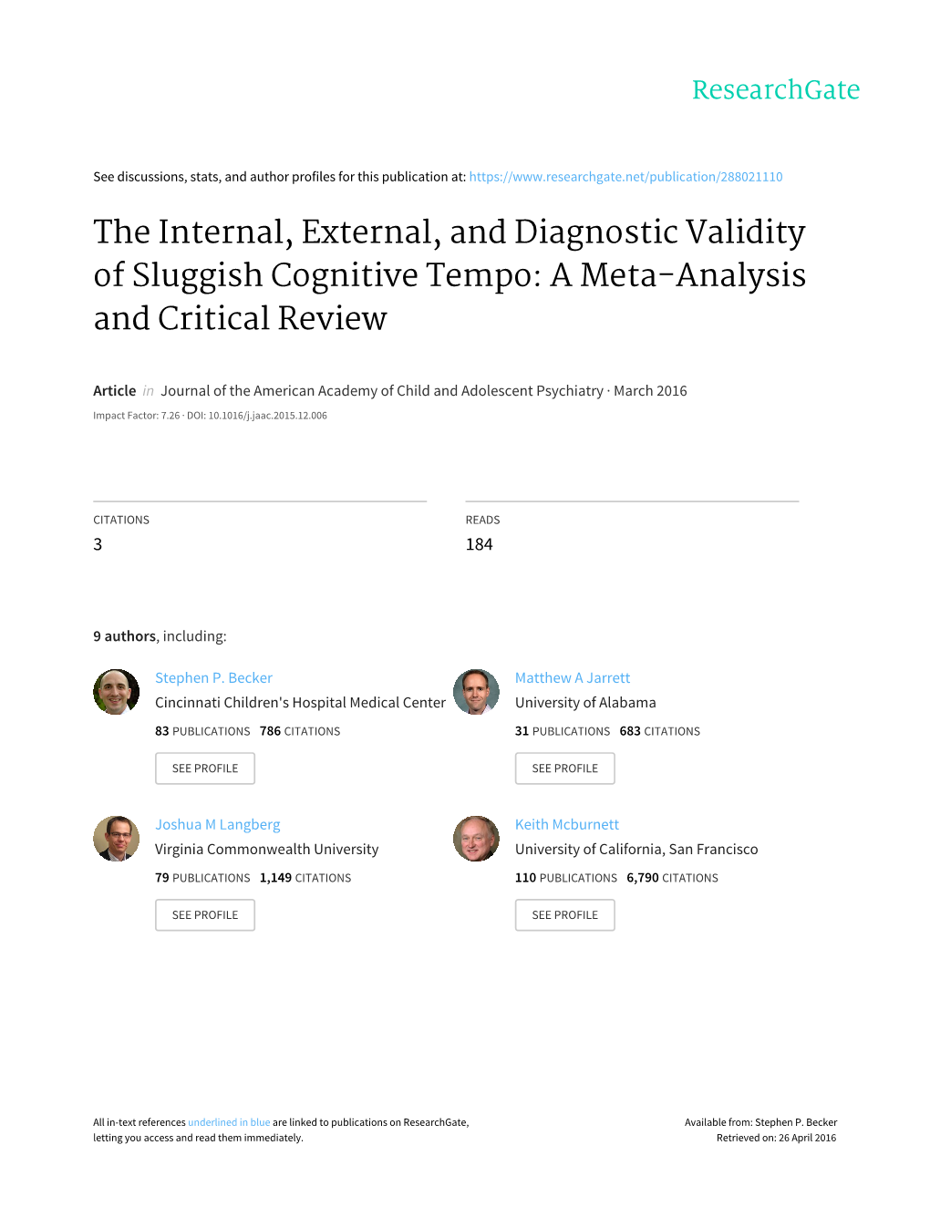 The Internal, External, and Diagnostic Validity of Sluggish Cognitive Tempo: a Meta-Analysis and Critical Review