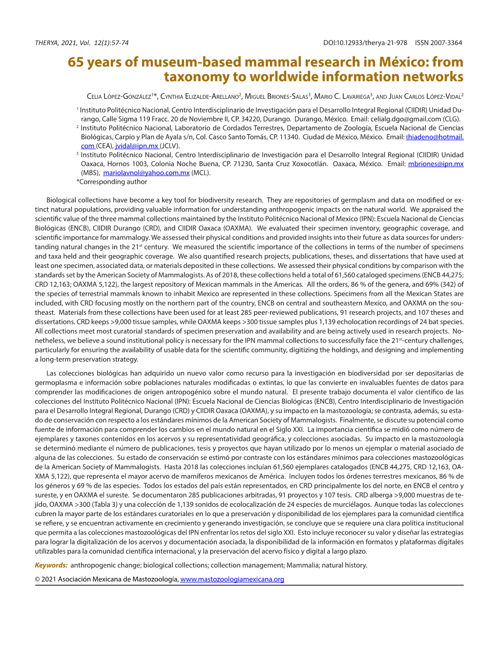 65 Years of Museum-Based Mammal Research in México: from Taxonomy to Worldwide Information Networks