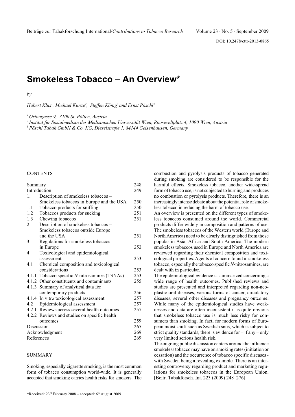 Smokeless Tobacco . an Overview