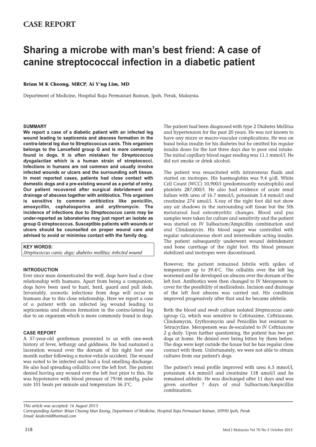 A Case of Canine Streptococcal Infection in a Diabetic Patient