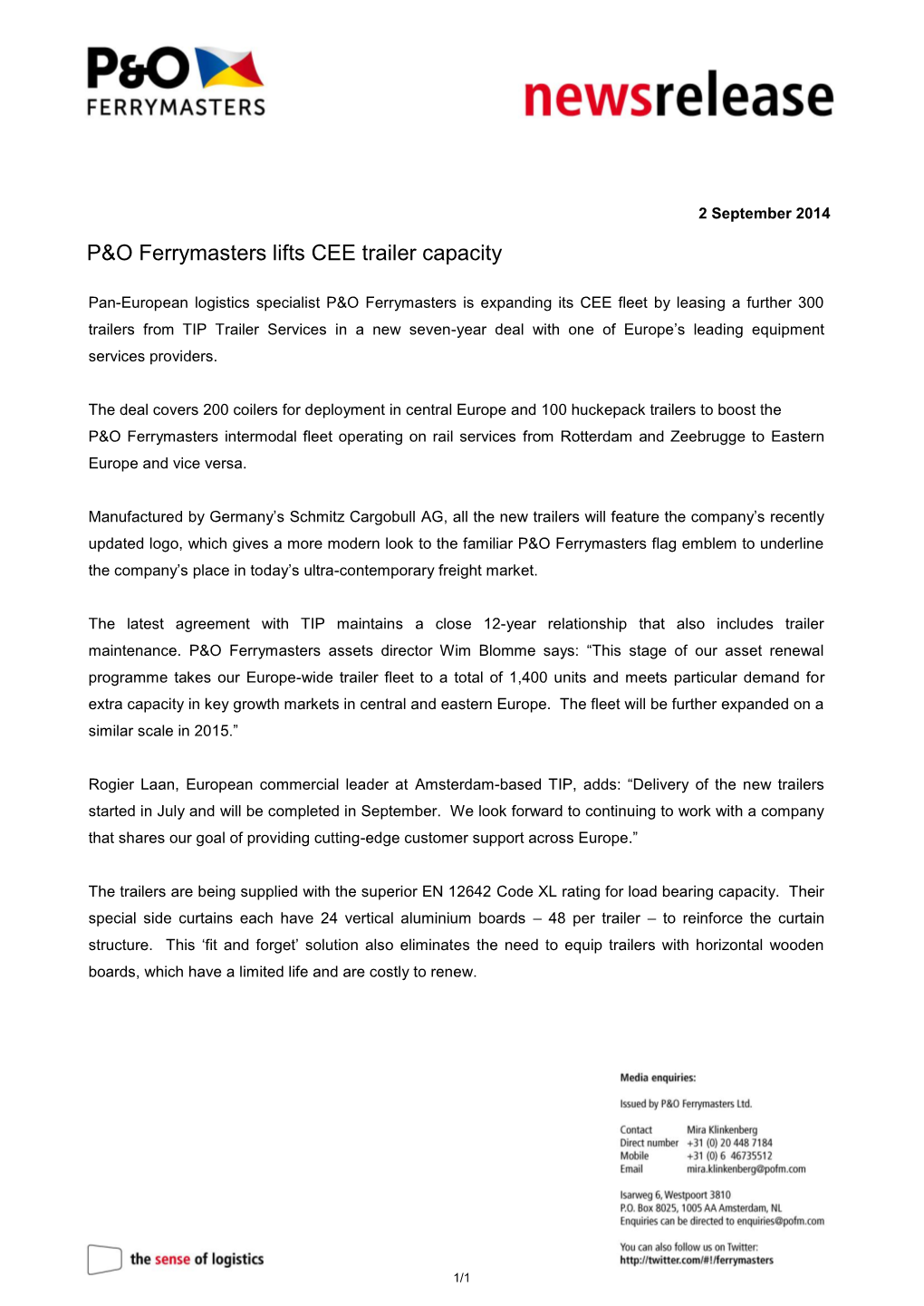 P&O Ferrymasters Lifts CEE Trailer Capacity