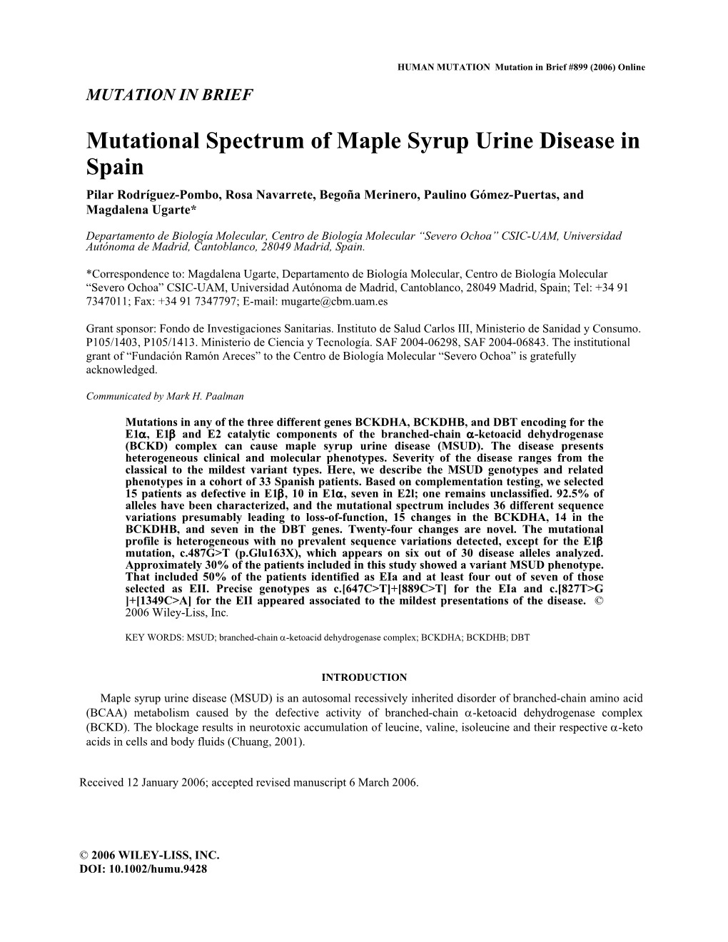 Mutational Spectrum of Maple Syrup Urinary Disease in Spain