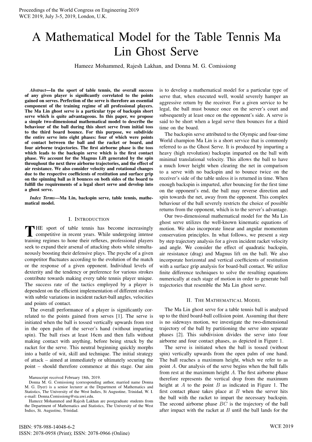 A Mathematical Model for the Table Tennis Ma Lin Ghost Serve Hameez Mohammed, Rajesh Lakhan, and Donna M