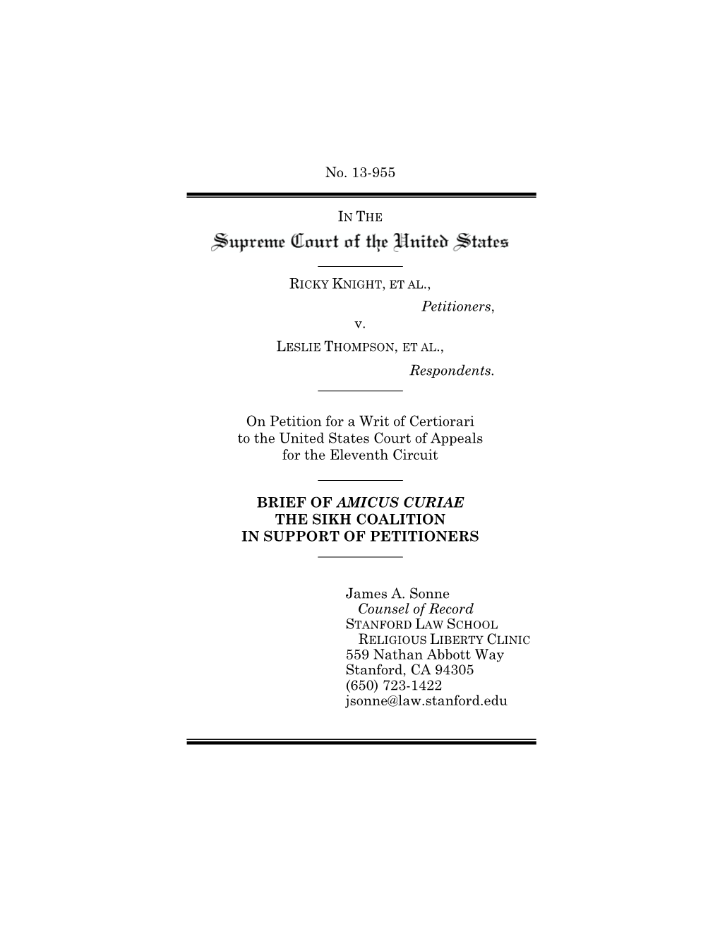 No. 13-955 Petitioners, V. Respondents. on Petition for a Writ of Certiorari to the United States Court of Appeals for the Eleve