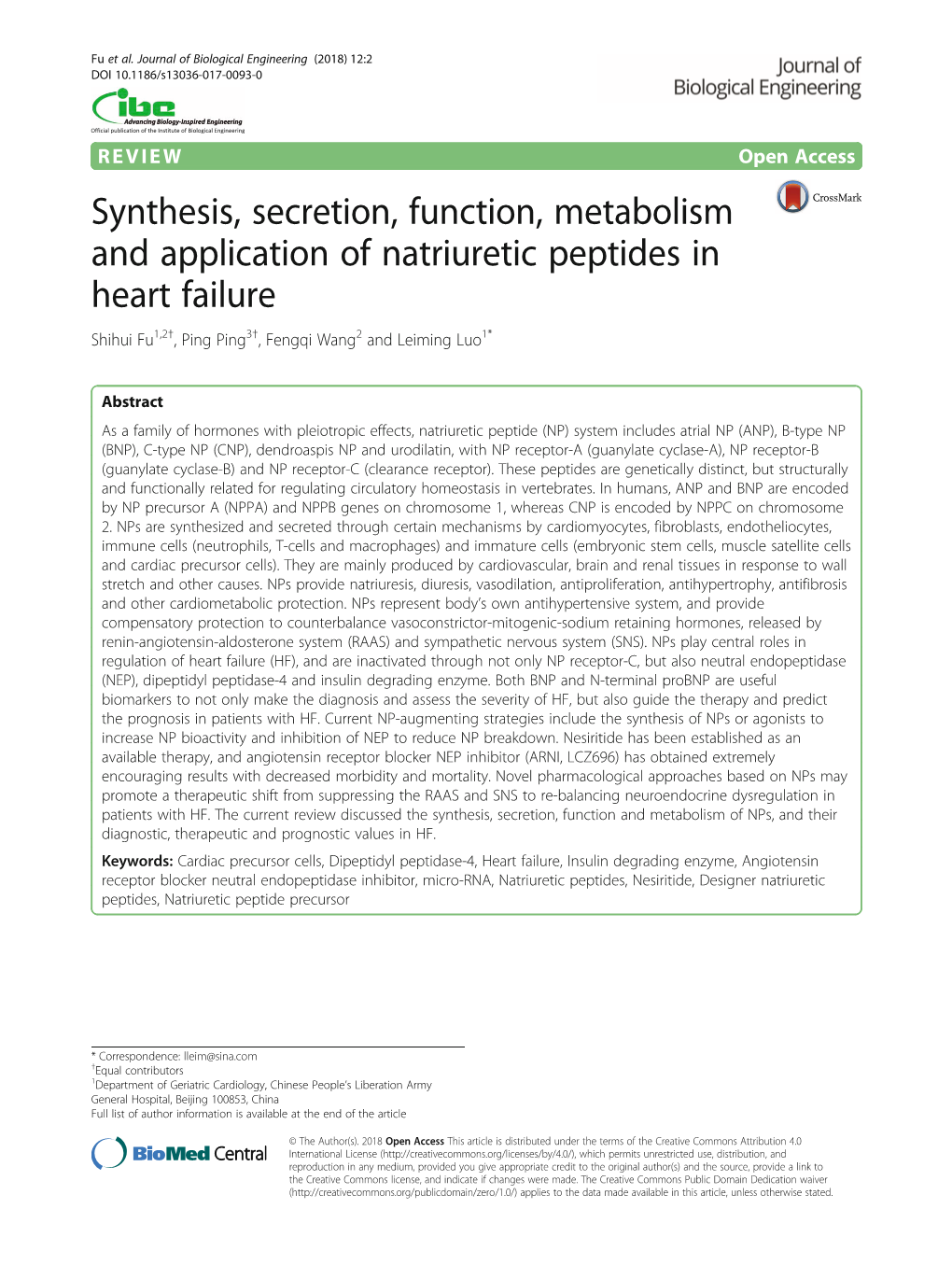 Synthesis, Secretion, Function, Metabolism and Application of Natriuretic Peptides in Heart Failure Shihui Fu1,2†, Ping Ping3†, Fengqi Wang2 and Leiming Luo1*