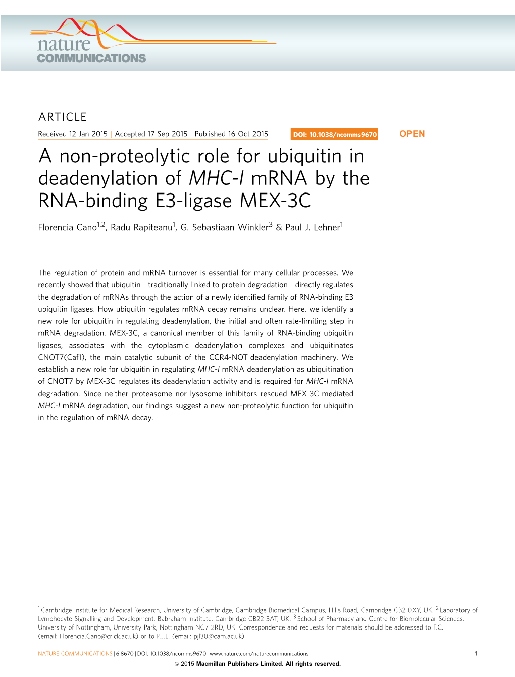 A Non-Proteolytic Role for Ubiquitin in Deadenylation of MHC-I Mrna by the RNA-Binding E3-Ligase MEX-3C