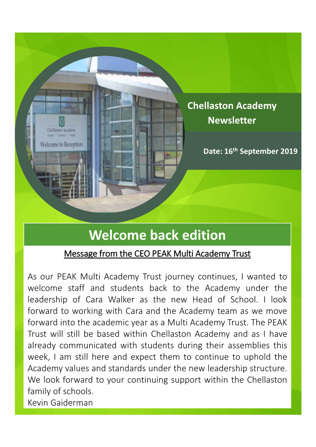 Welcome Back Edition Message from the CEO PEAK Multi Academy Trust