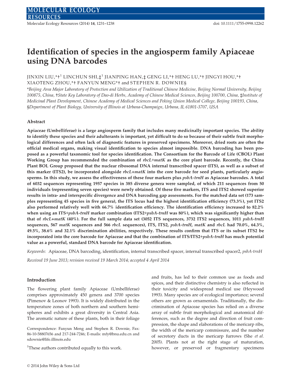 Identification of Species in the Angiosperm Family Apiaceae Using