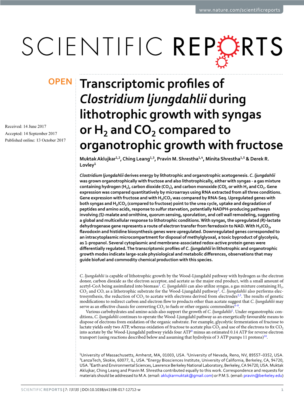 Transcriptomic Profiles of Clostridium Ljungdahlii During Lithotrophic