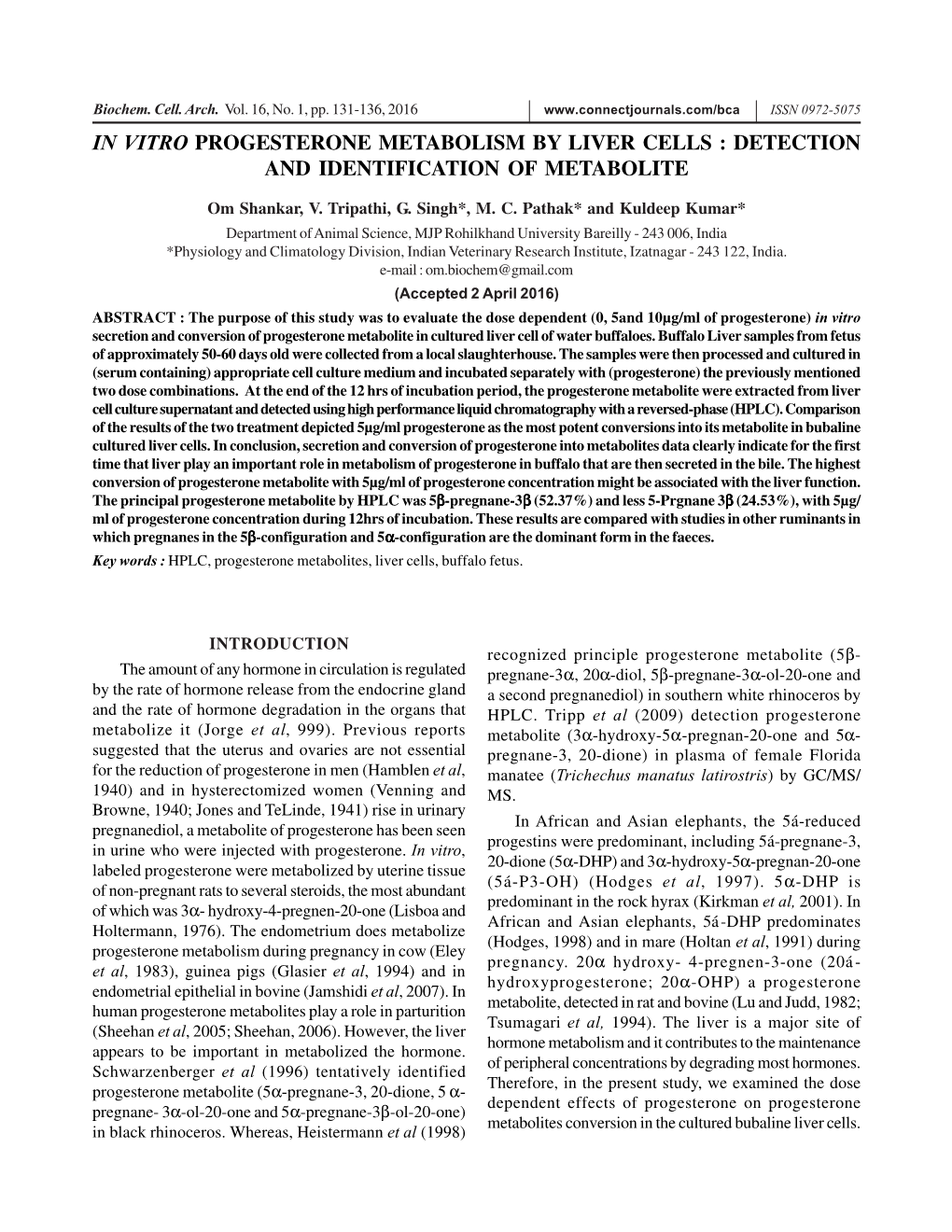 In Vitro Progesterone Metabolism by Liver Cells : Detection and Identification of Metabolite