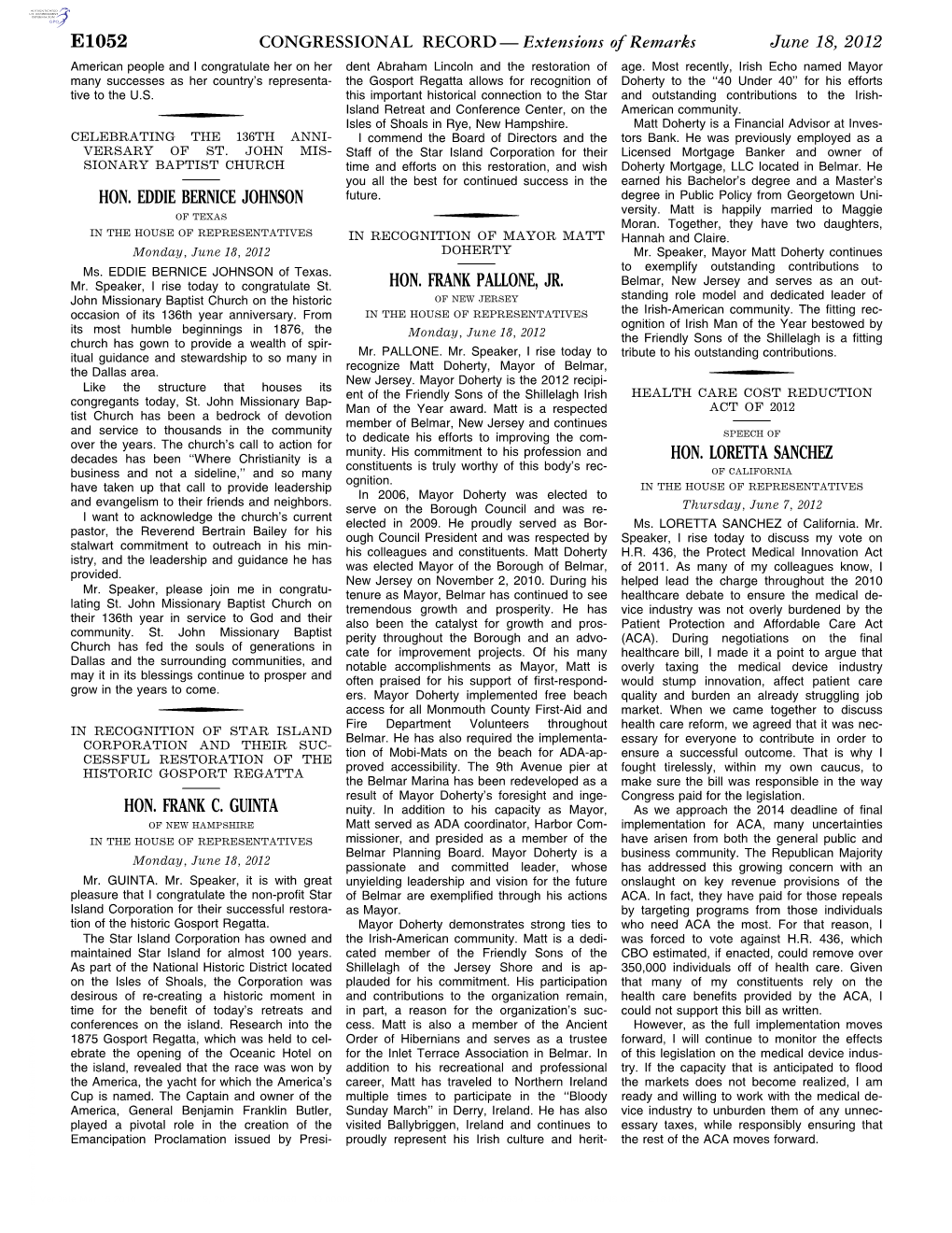 CONGRESSIONAL RECORD — Extensions of Remarks June 18, 2012 American People and I Congratulate Her on Her Dent Abraham Lincoln and the Restoration of Age