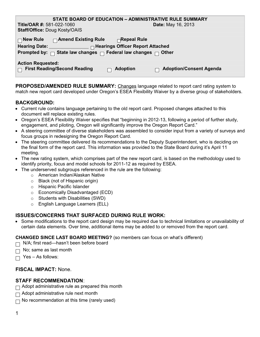 State Board of Education Administrative Rule Summary s3