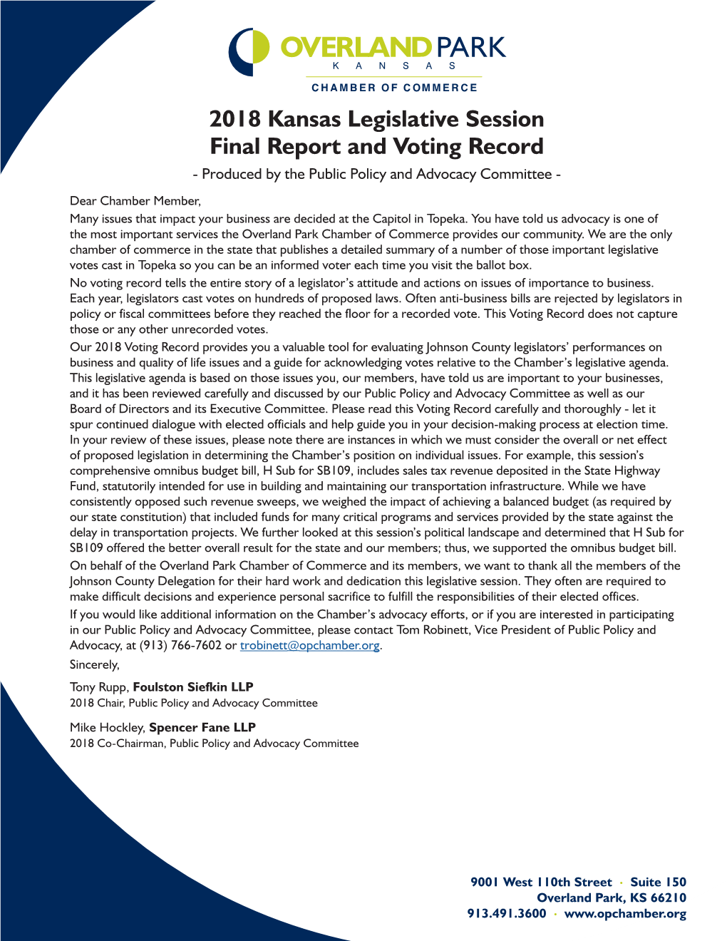 2018 Kansas Legislative Session Final Report and Voting Record