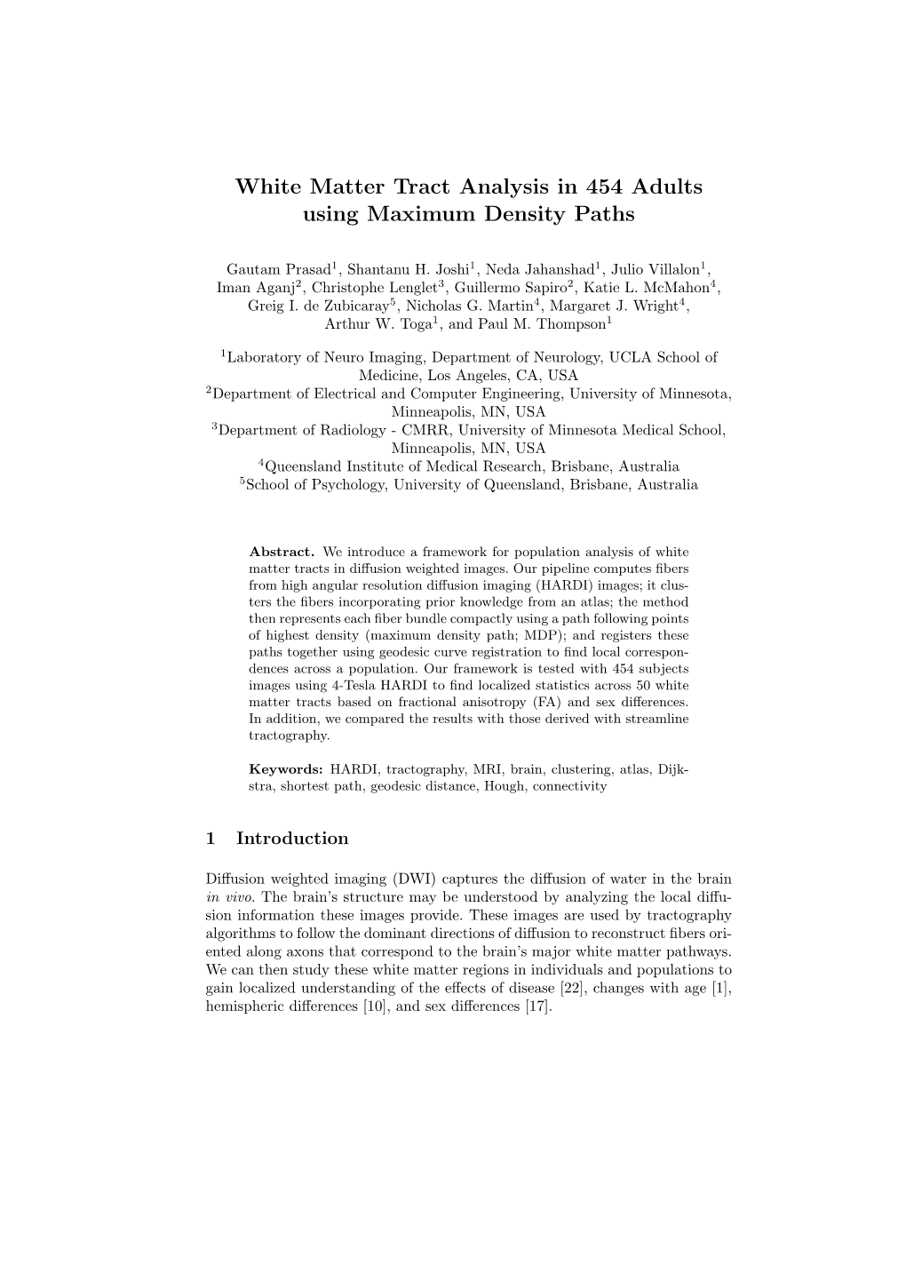 White Matter Tract Analysis in 454 Adults Using Maximum Density Paths