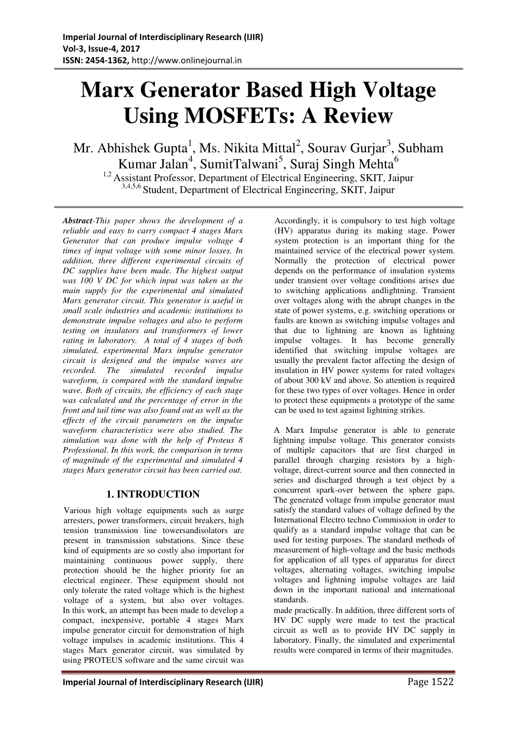 Marx Generator Based High Voltage Using Mosfets: a Review