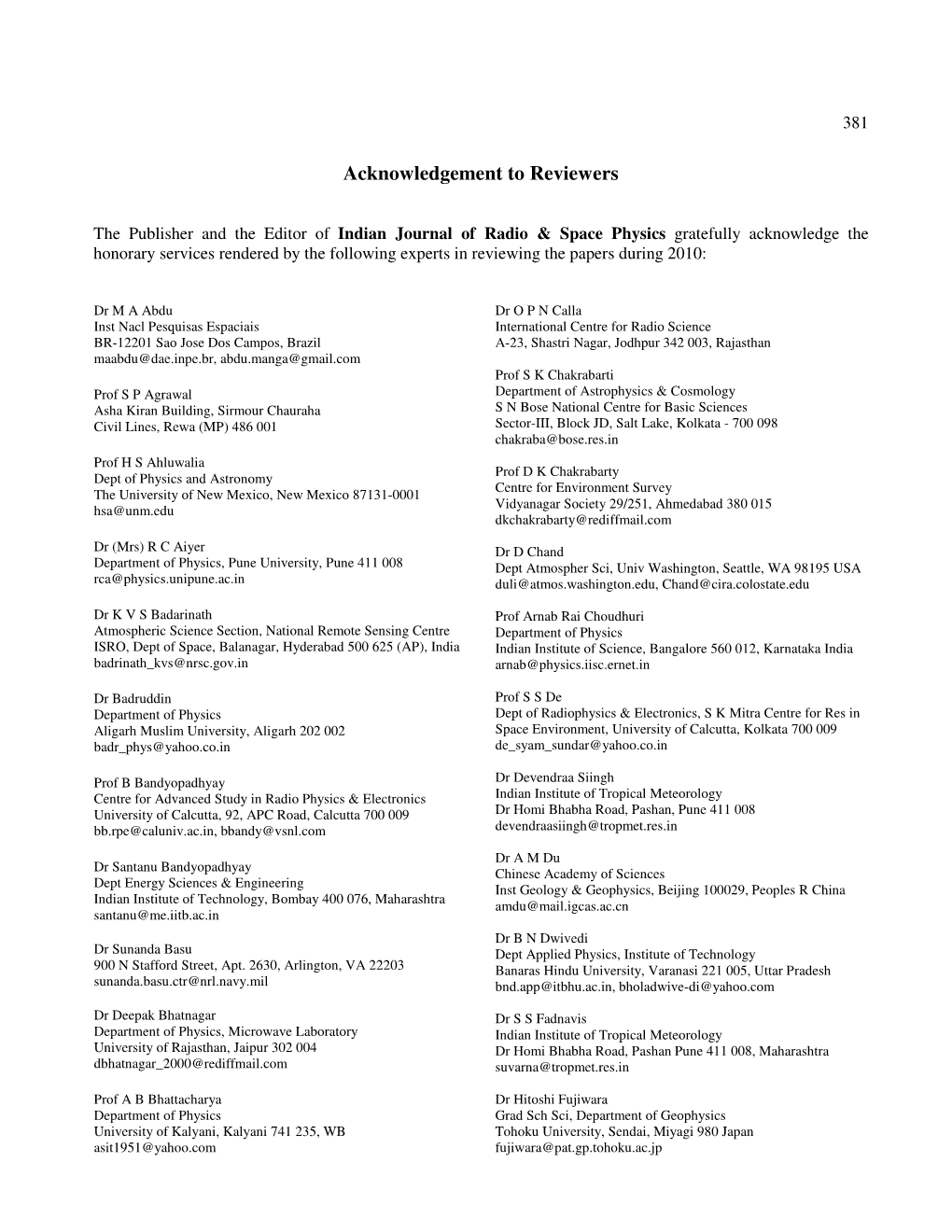Acknowledgement to Reviewers