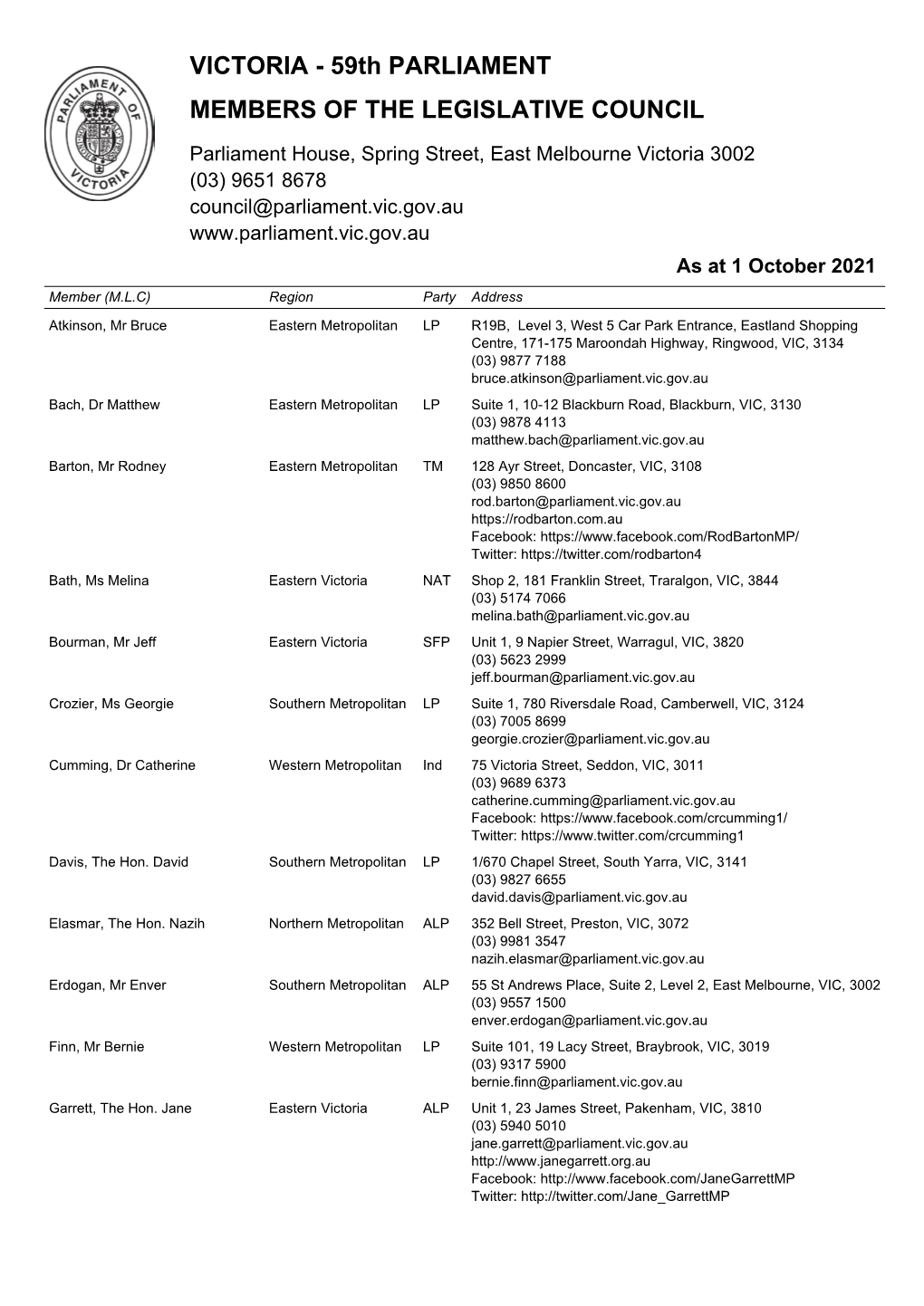 59Th PARLIAMENT MEMBERS of the LEGISLATIVE COUNCIL