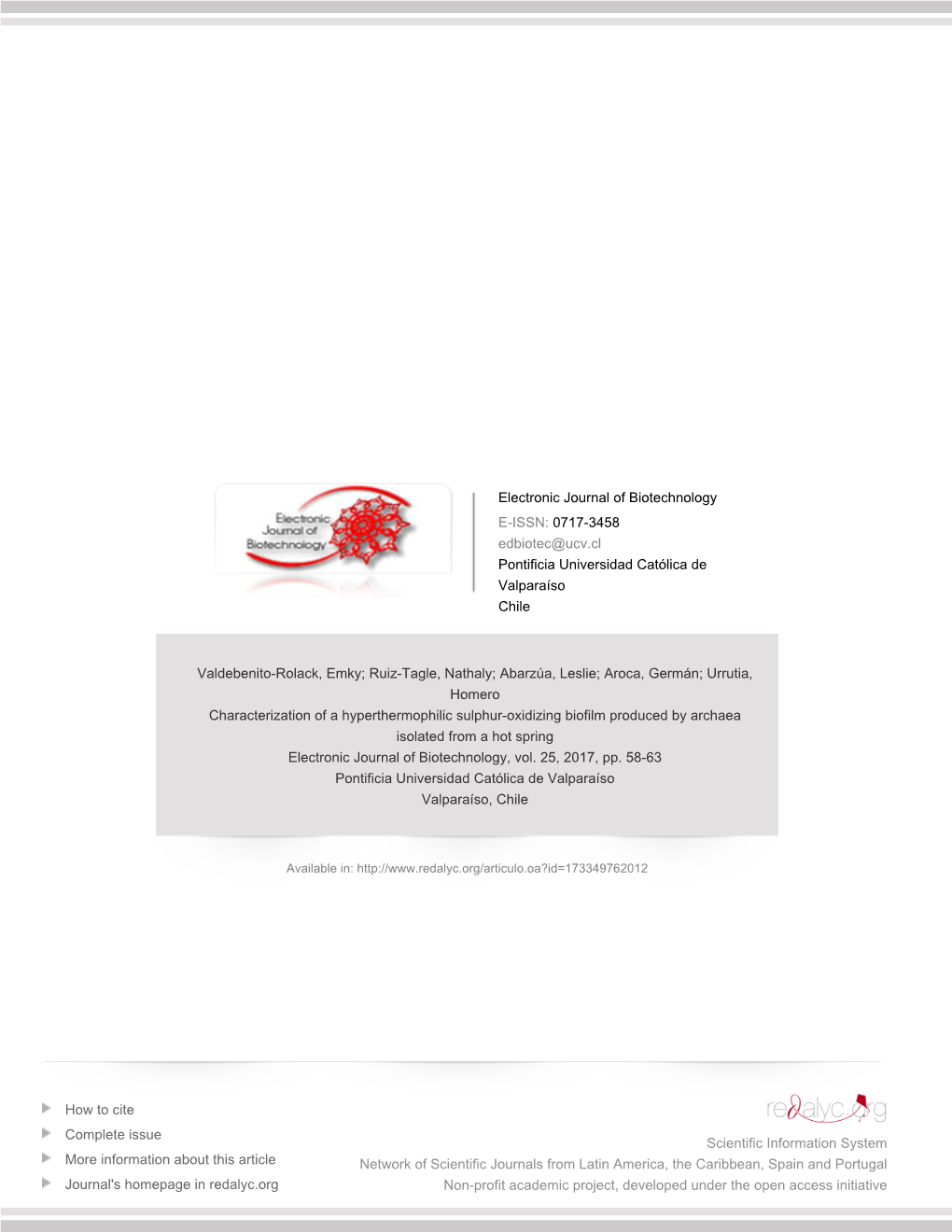 Redalyc.Characterization of a Hyperthermophilic Sulphur-Oxidizing