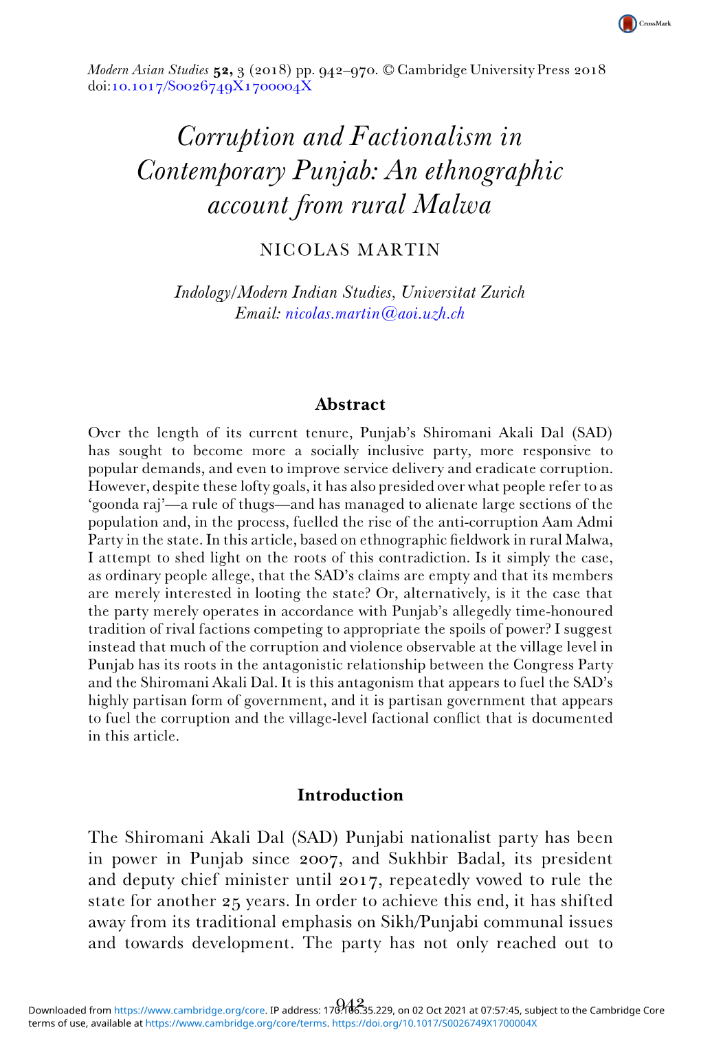 Corruption and Factionalism in Contemporary Punjab: an Ethnographic Account from Rural Malwa