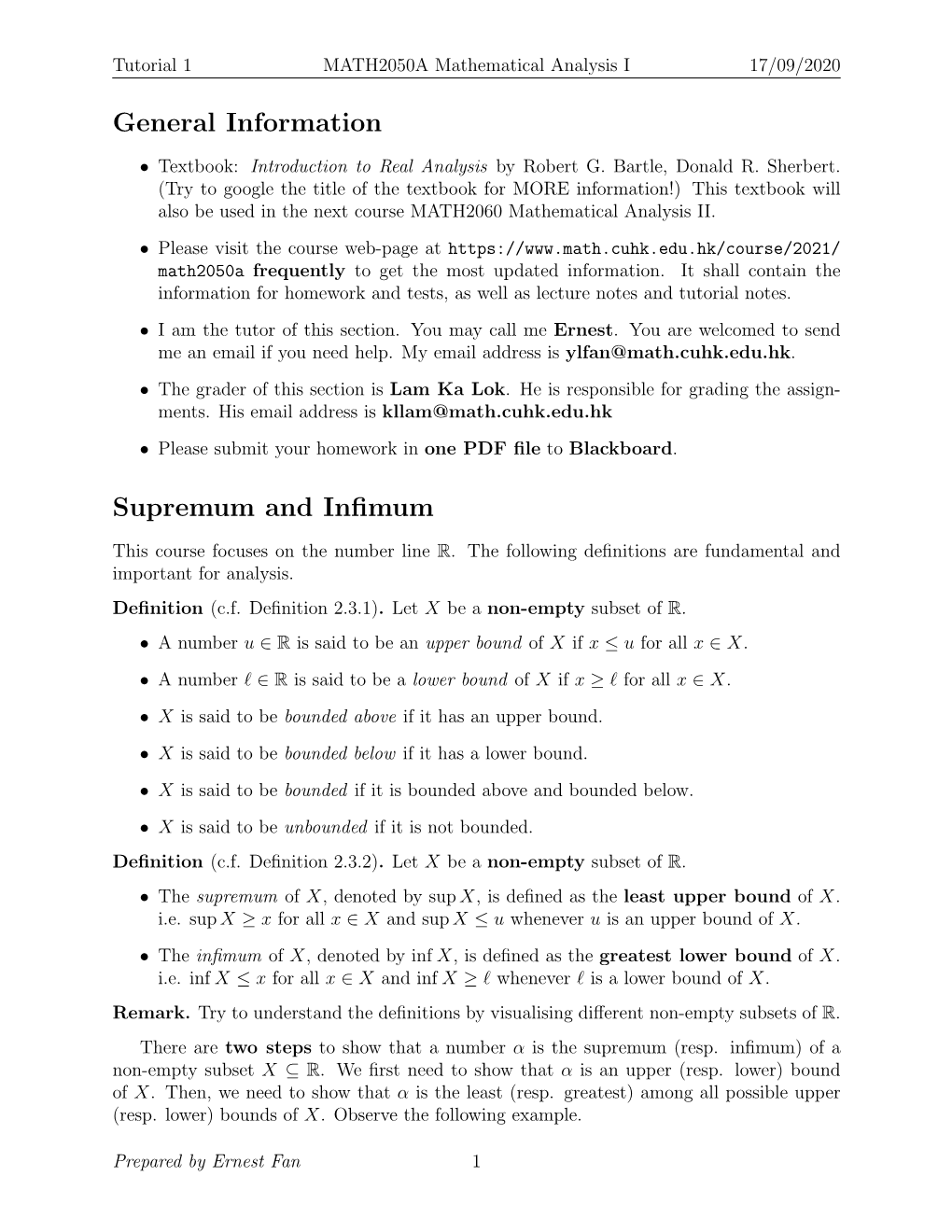 Tutorial 1 (Supremum, Infimum and The