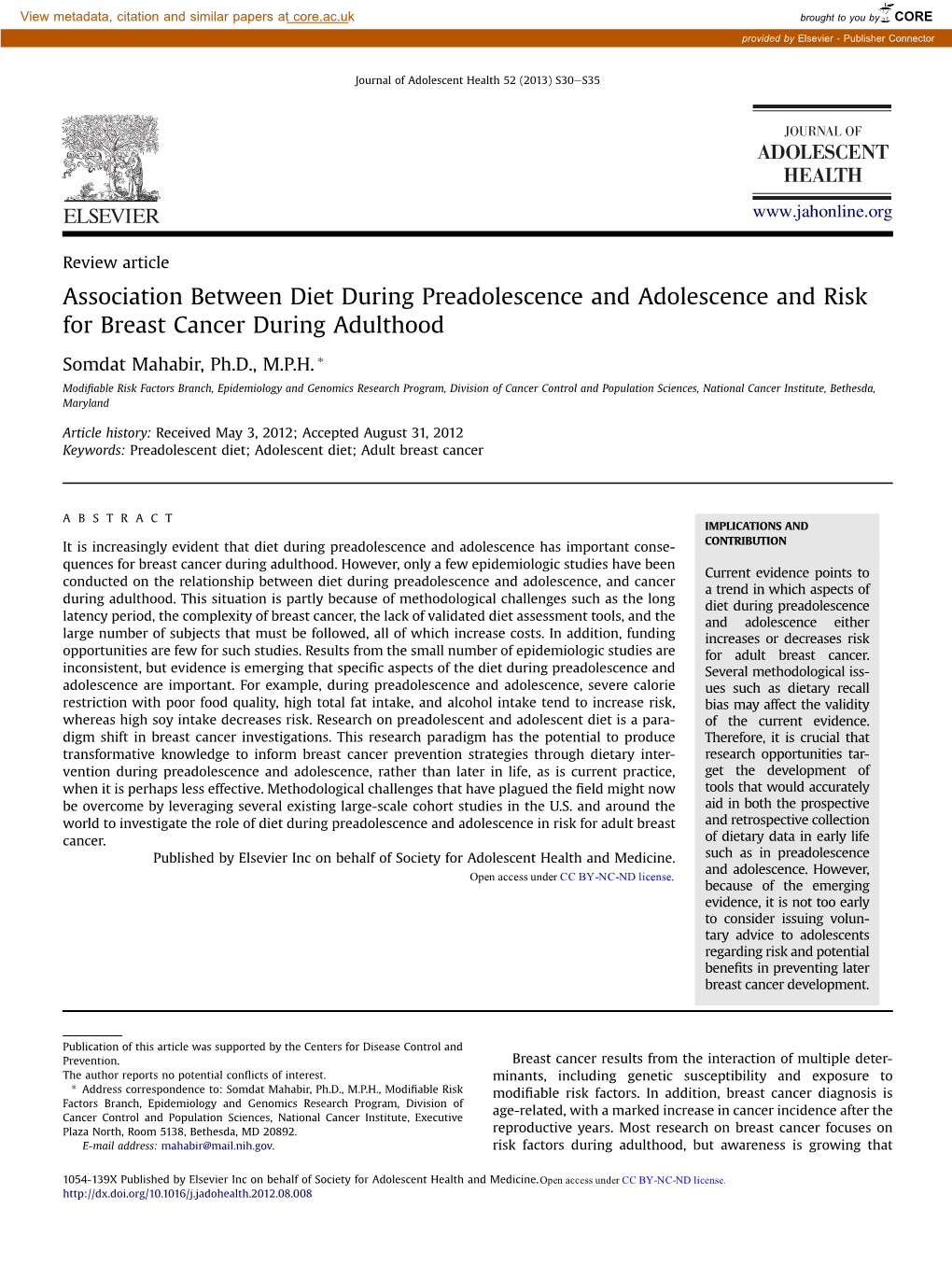 Association Between Diet During Preadolescence and Adolescence and Risk for Breast Cancer During Adulthood