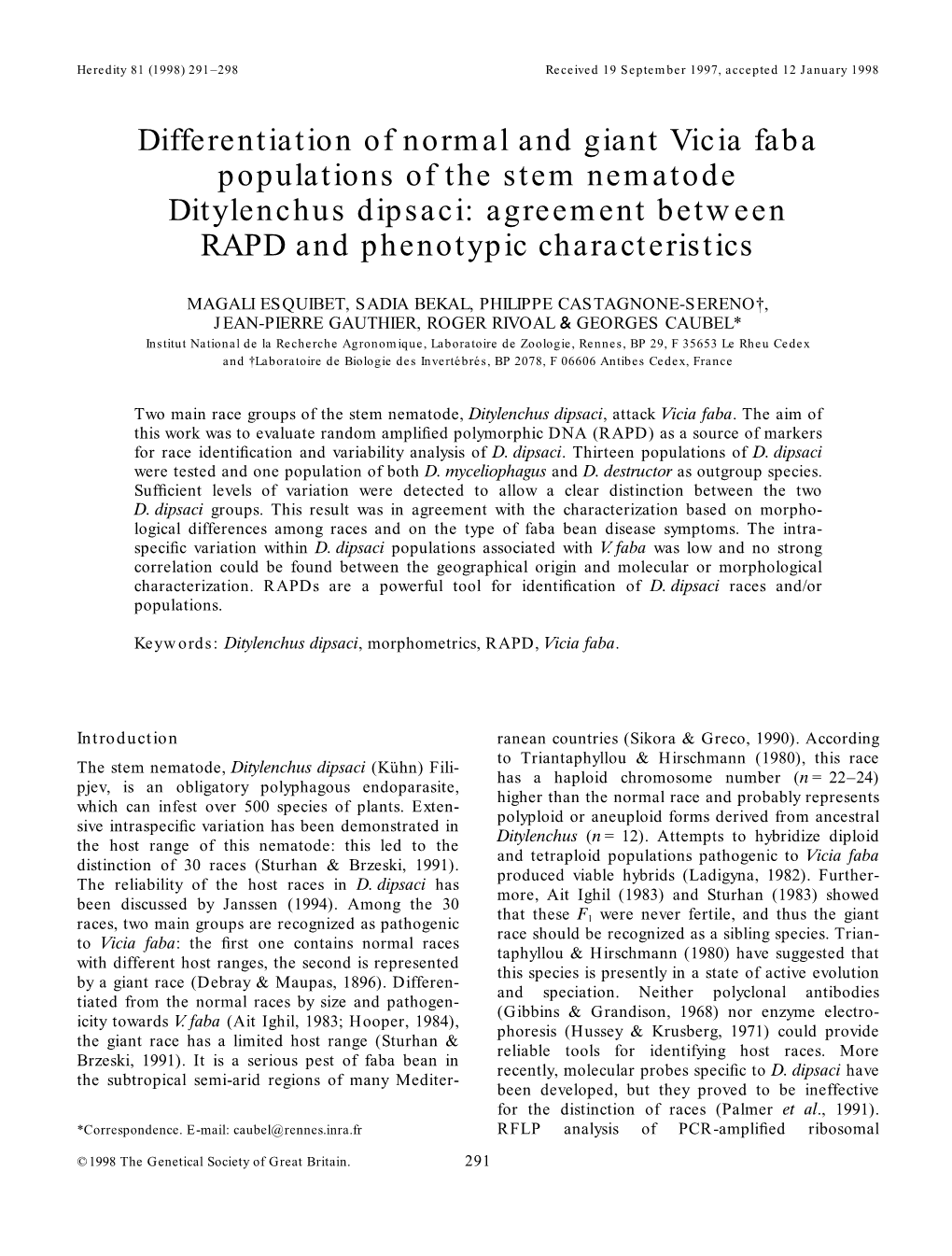 Differentiation of Normal and Giant Vicia Faba Populations of the Stem Nematode Ditylenchus Dipsaci: Agreement Between RAPD and Phenotypic Characteristics