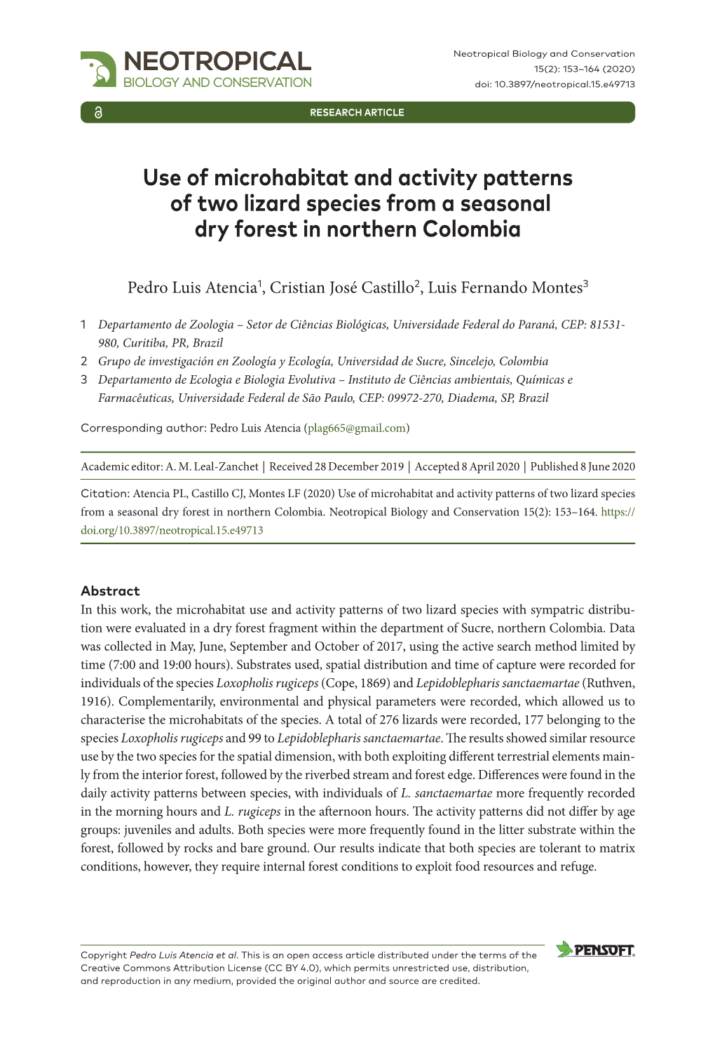 Use of Microhabitat and Activity Patterns of Two Lizard Species from a Seasonal Dry Forest in Northern Colombia