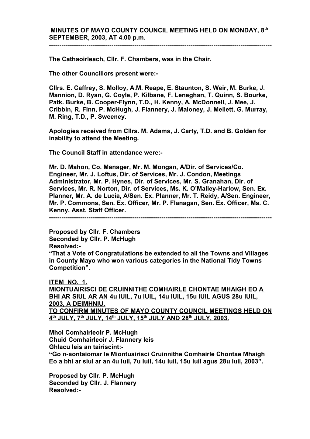 MINUTES of MAYO COUNTY COUNCIL MEETING HELD on MONDAY, 8Th SEPTEMBER, 2003, at 4