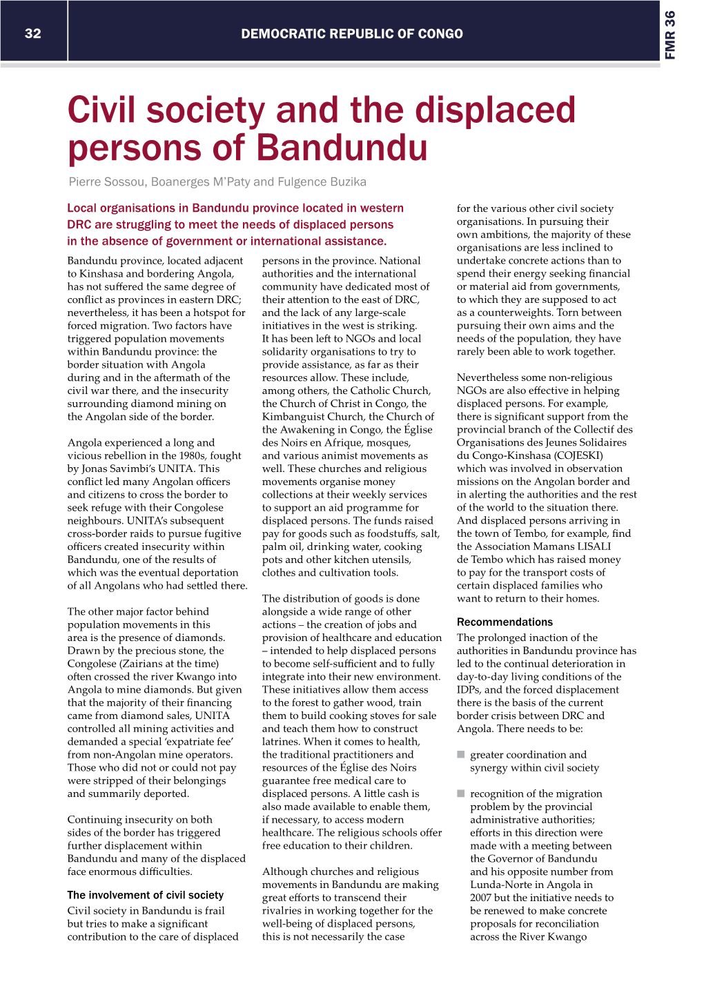 Civil Society and the Displaced Persons of Bandundu Pierre Sossou, Boanerges M’Paty and Fulgence Buzika
