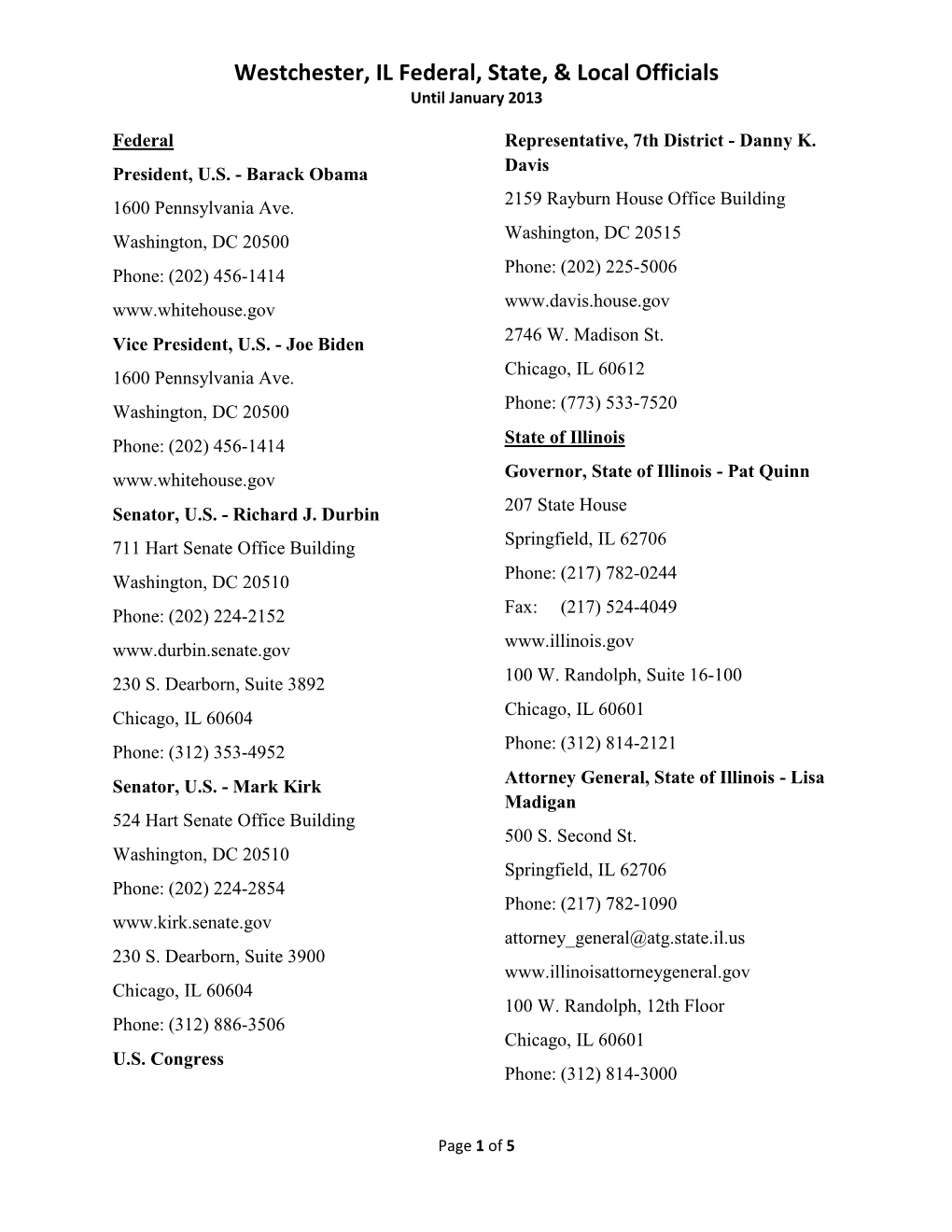 Westchester, IL Federal, State, & Local Officials