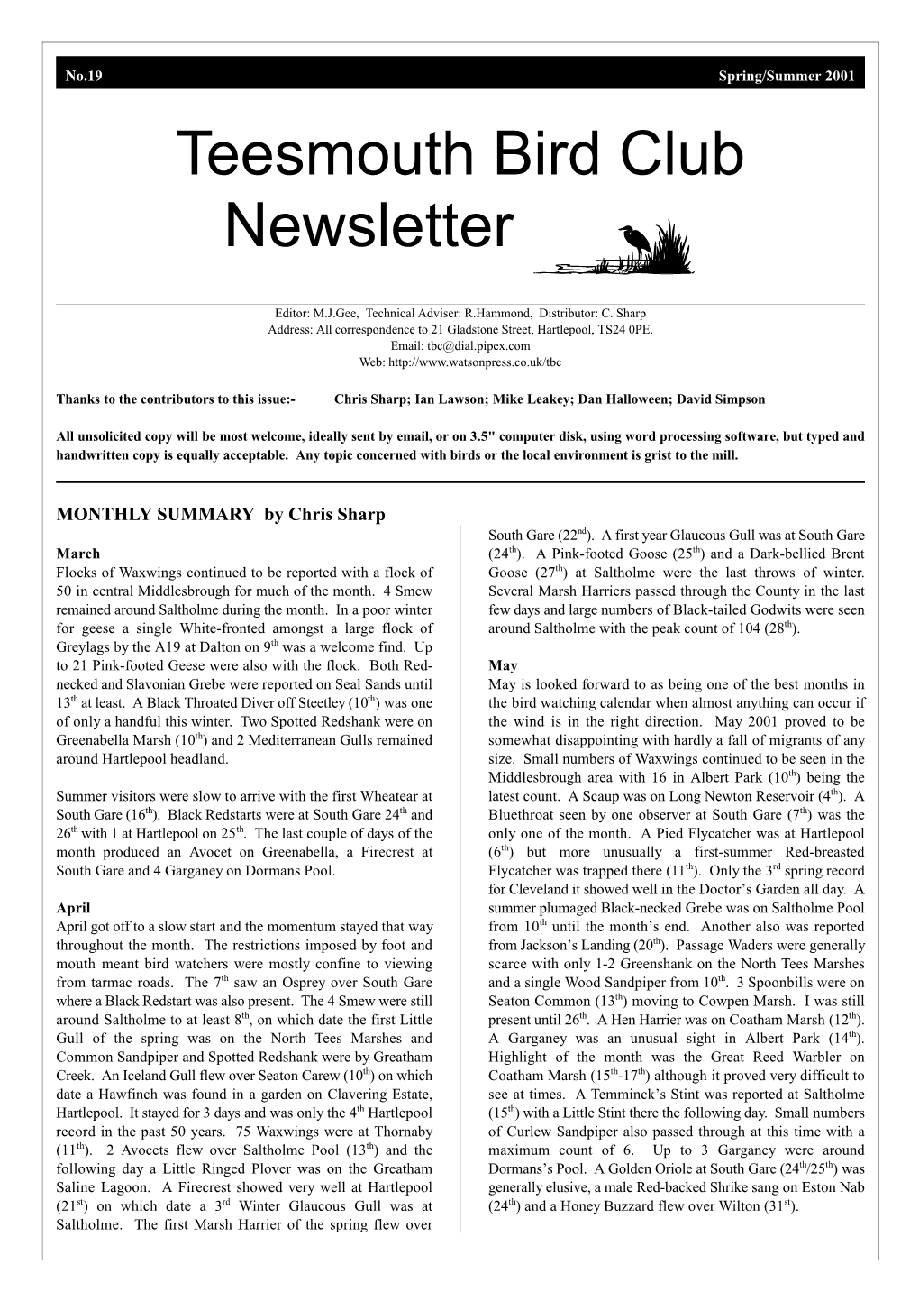 Teesmouth Bird Club Newsletter