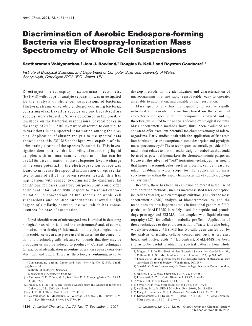 Discrimination of Aerobic Endospore-Forming Bacteria Via Electrospray-Ionization Mass Spectrometry of Whole Cell Suspensions