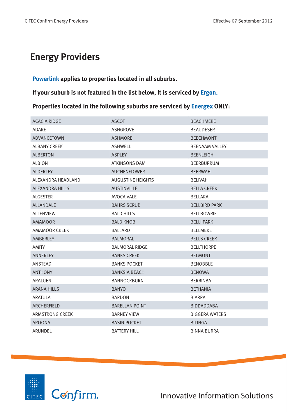 Energy Providers Effective 07 September 2012