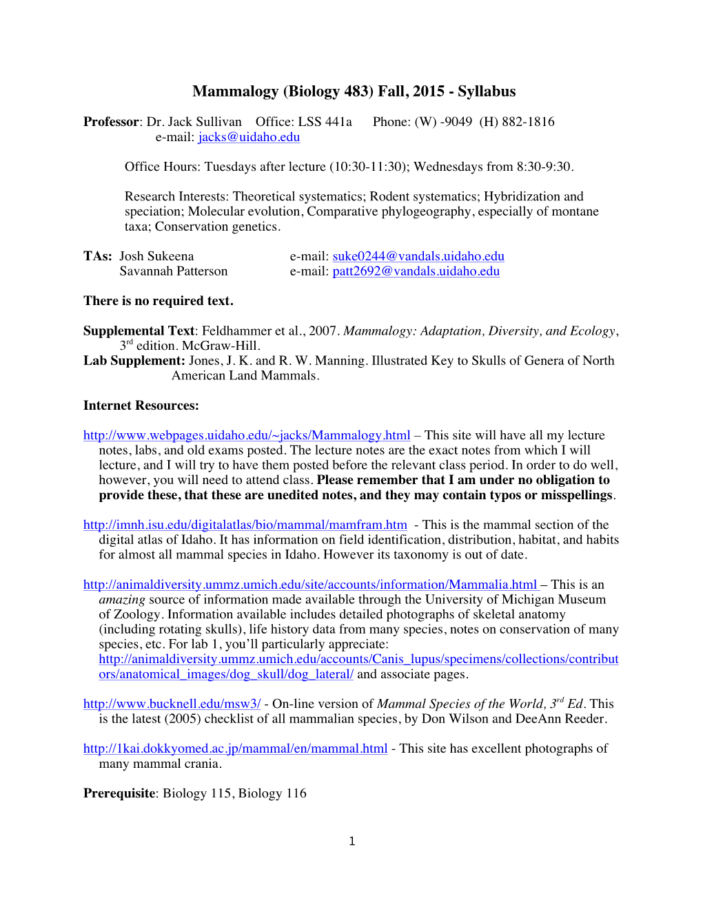 Mammalogy (Biology 483) Fall, 2015 - Syllabus