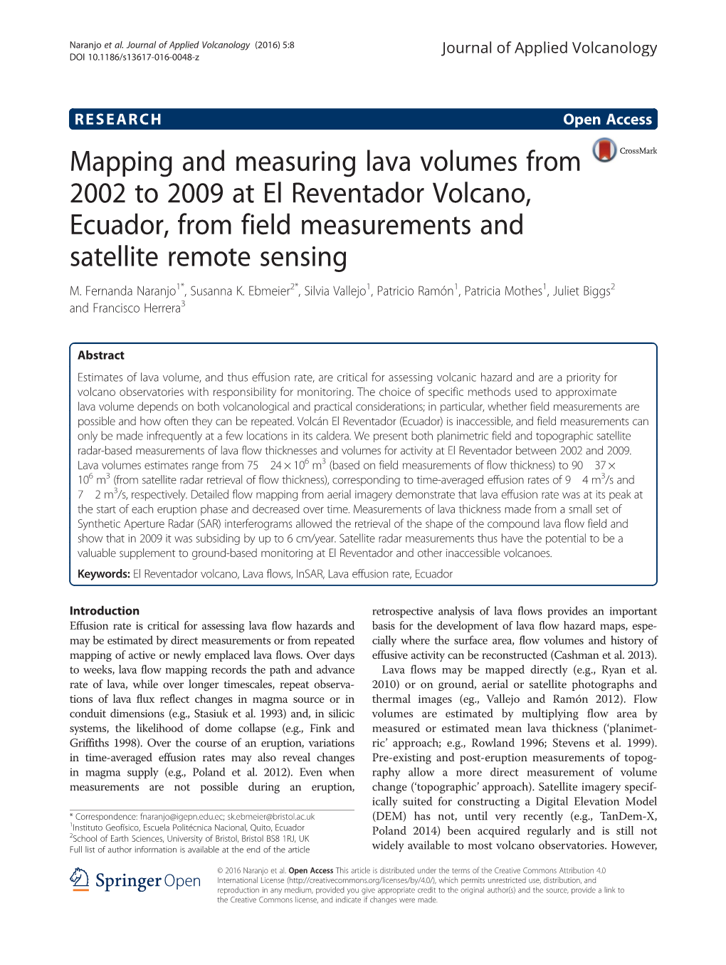 Mapping and Measuring Lava Volumes from 2002 to 2009 at El Reventador Volcano, Ecuador, from Field Measurements and Satellite Remote Sensing M